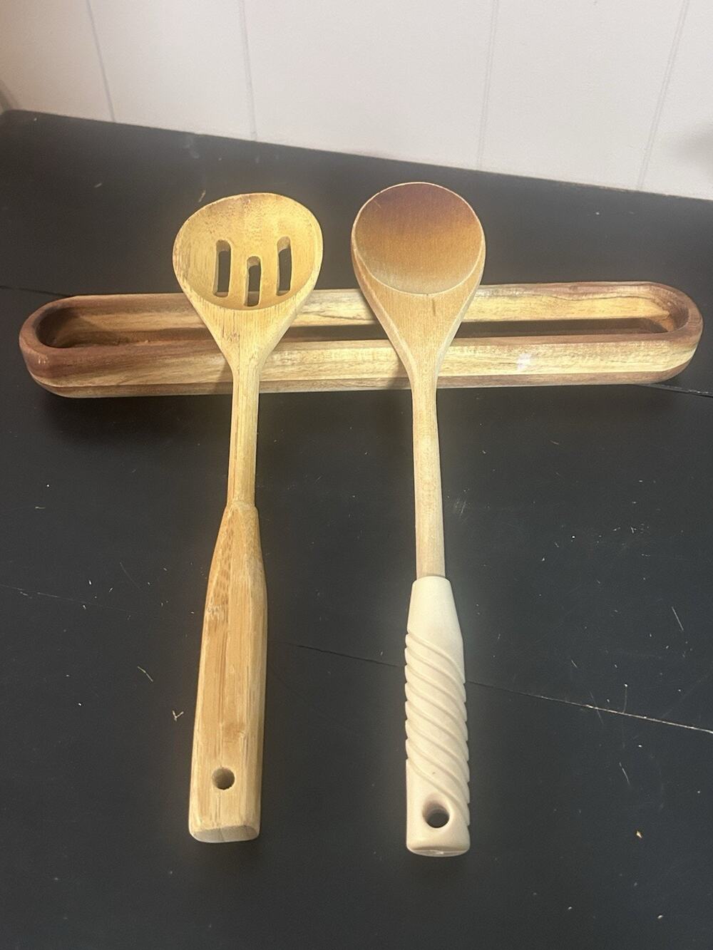 Simply Bamboo Utensil Set 2pc Wooden Serving Spoon Slotted Spoon Rest Tray